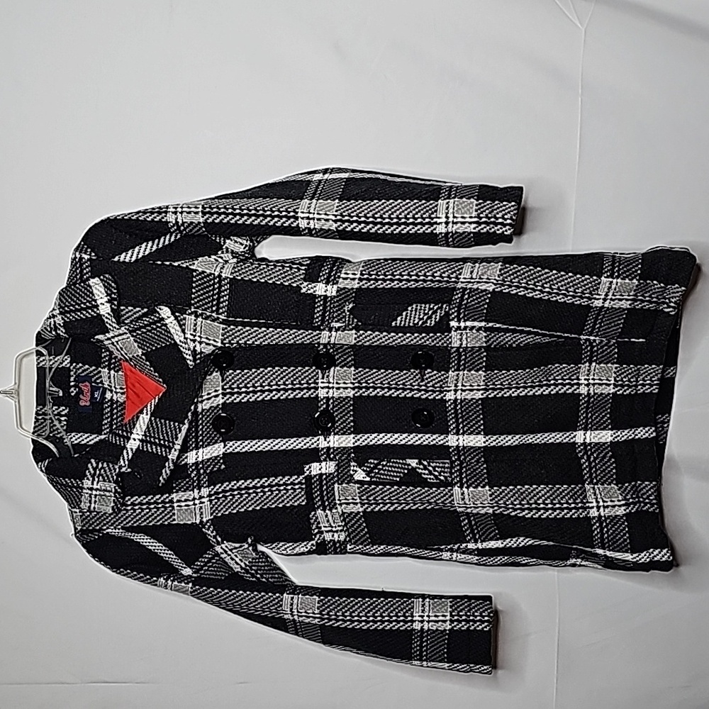 UNIK girls checkered plaid button down collared peacoat warm jacket coat sz XL